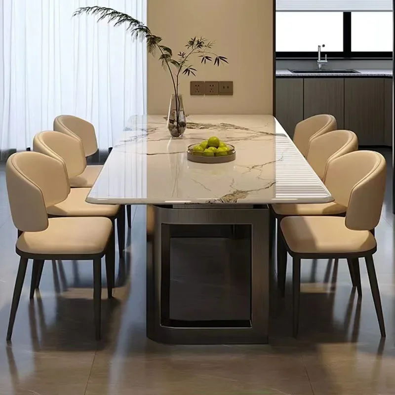 Modern simple rectangular household dining table and chair combination Small apartment stainless steel dining table