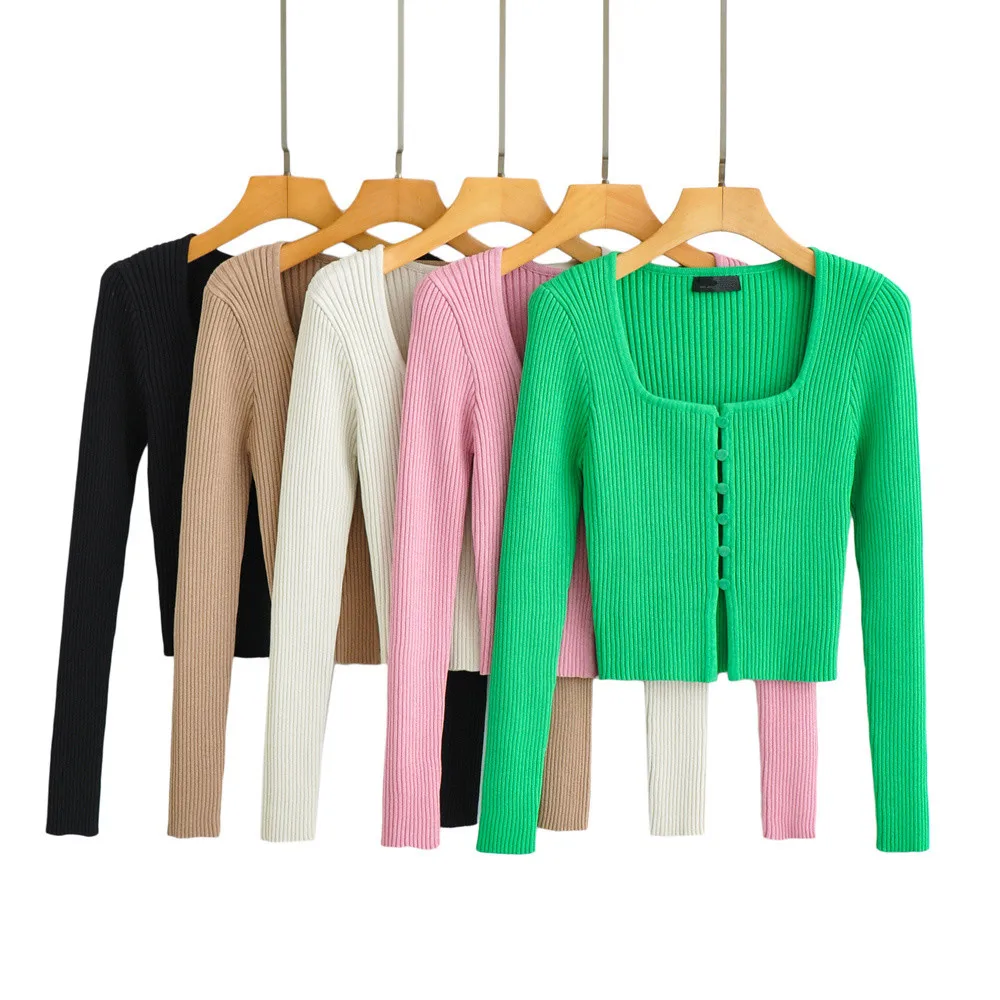 Dave&Di 2024 Knitted Colorful Sexy Short Cardigans Women England Style High Street Retro Square Collar Single Breasted Crop Tops