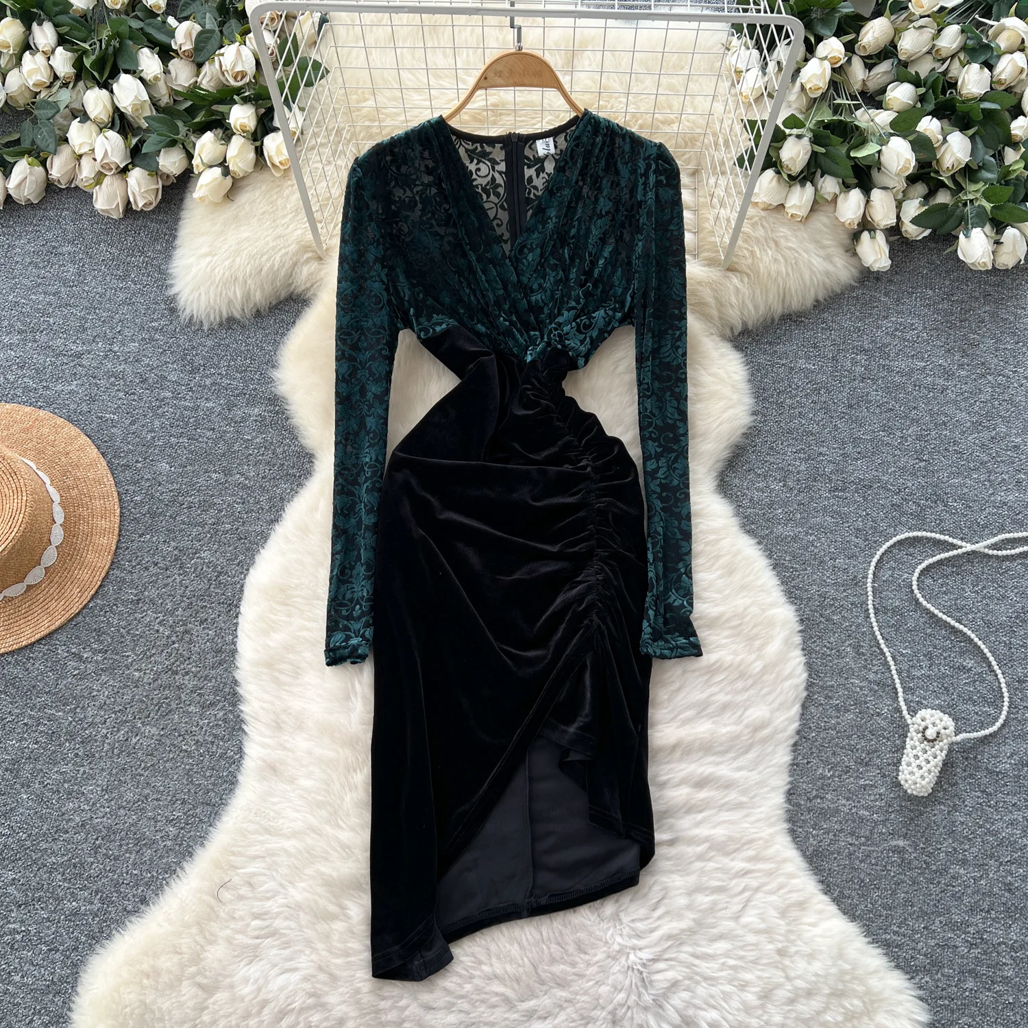 

Women Sexy Dresses Folds V Neck Mesh Spliced Evening Dress Elegant Slim Fit Full Sleeve Irregular Vestidos Party Night Summer