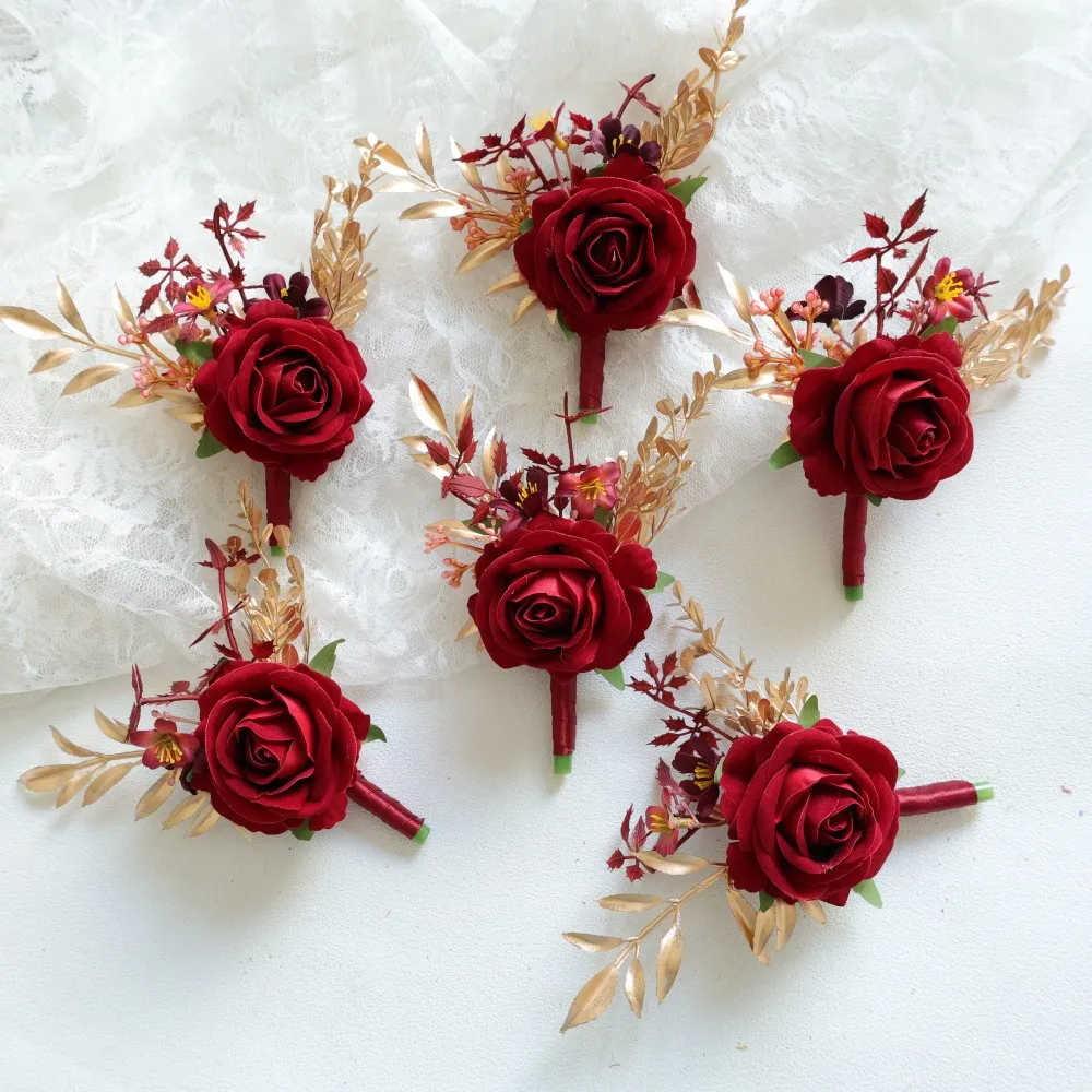 Purpurrote Handgelenk-Corsage und Boutonniere-Blume am Handgelenk für Braut, Brautjungfer, Hochzeit, Boutonniere für Männer, Bräutigam, Trauzeuge, Hochzeit – Detail 4