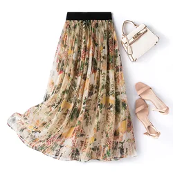 Women's 100% Mulberry Silk Long Skirt, A-line, Office Lady, Elastic High-Waist, Printing Umbrella Skirt,Summer, 2023