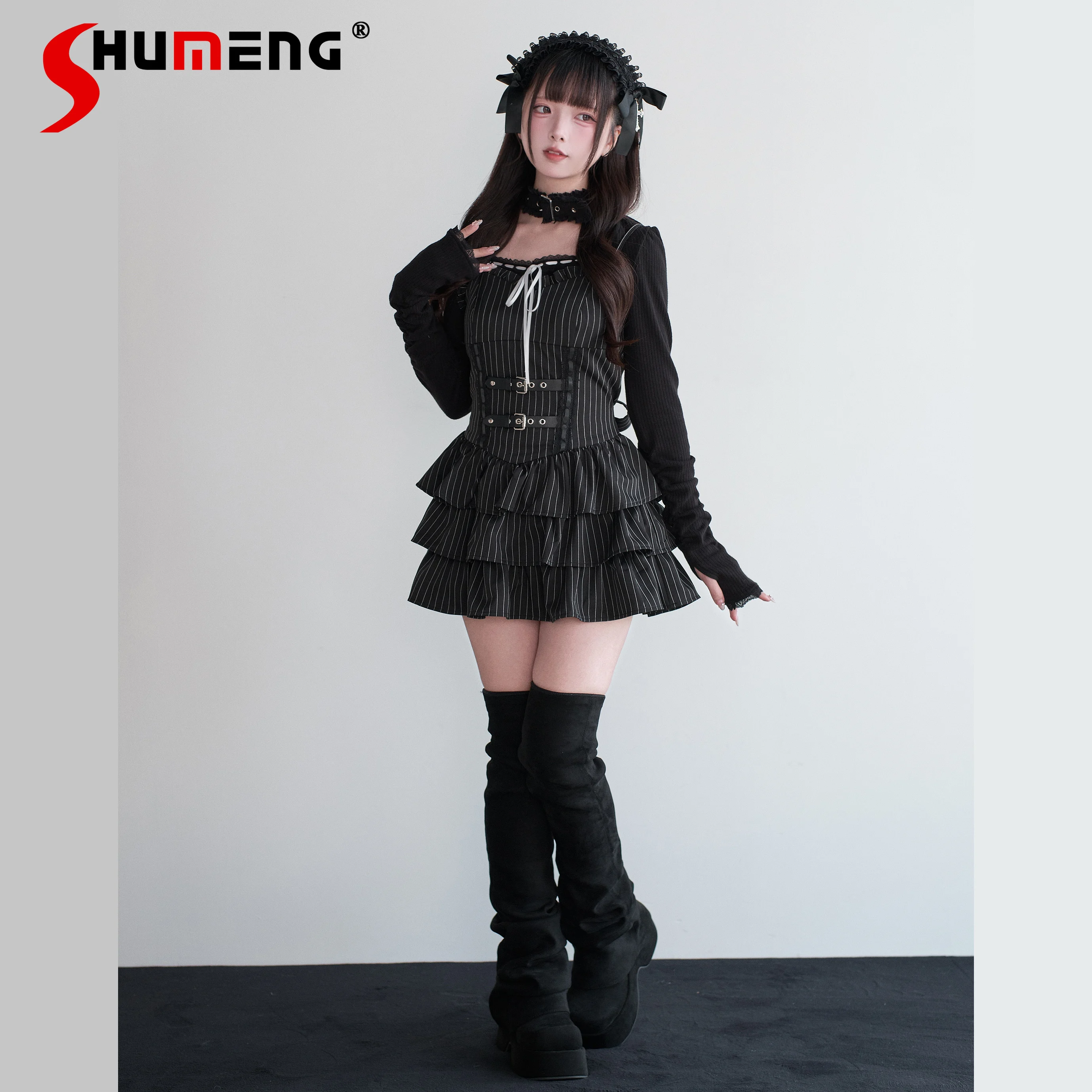 

Осень-зима 2021, японское стильное платье Mine Series Mass-Produced, полосатое платье JSK для девочек, милое кожаное платье в готическом стиле Лолиты