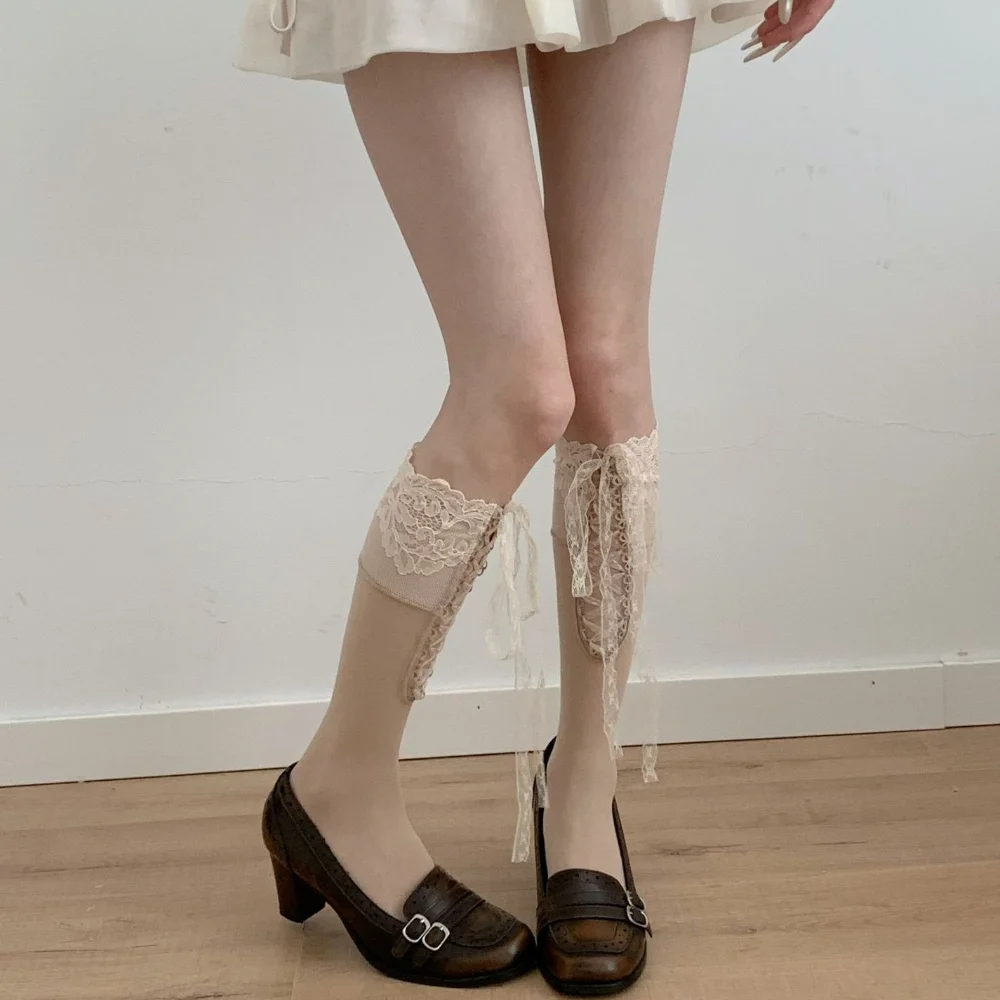 Lolita Jacquard Lace Long Stocking with Hollow Cross Tie Splicing Socks  Breathable Y2K Spicy Girl JK Decoration  Accessories