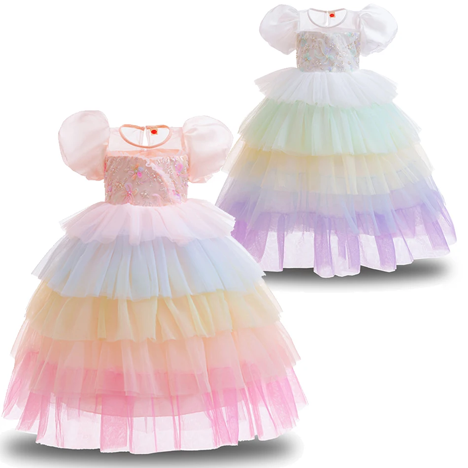 

Роскошное платье для дня рождения, многослойный костюм радуги для девочек, детское платье принцессы с цветочной аппликацией, детское элегантное тюлевое платье для детей 3-10 лет