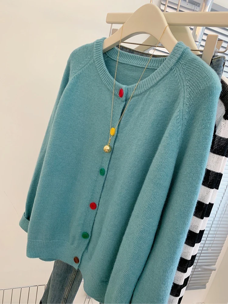 Women Sweater Cardigans Lazy Style Round Neck Single Breasted Knitted Tops Loose Casual Long Sleeve Cardigan Coat