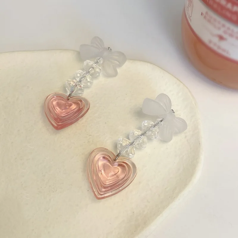 Japanese Transparent Cute Bow Crystal Chain Clip on Earrings Acrylic Pink Lovely Heart Pendant Clip Earrings Without Piercing