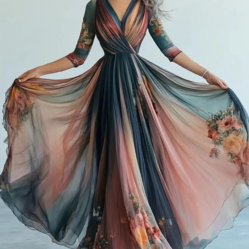 Retro Women V Neck Floral Print A-line Party Maxi Dresses Elegant Stripe Collision Wrinkles Vacation Lady Chic Evening Gown 2025