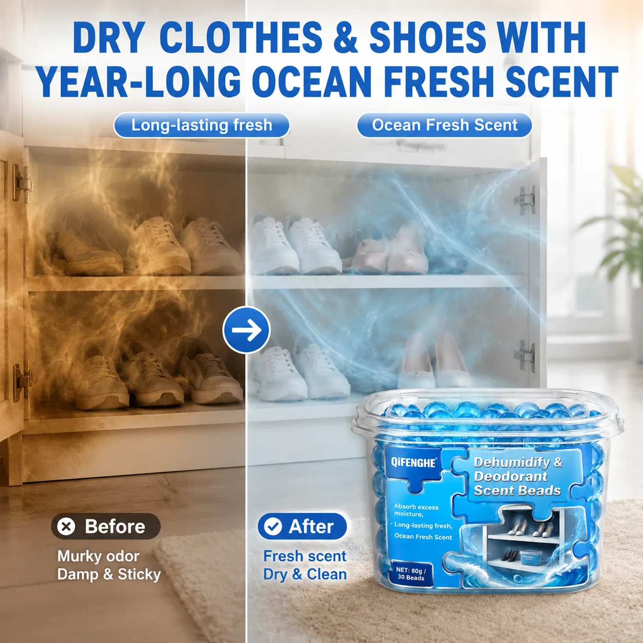Odor Eliminating Scent Beads Moisture Absorber for Closet Wardrobe Shoe Cabinet Mildew Control Damp Smell Removal 1 Box