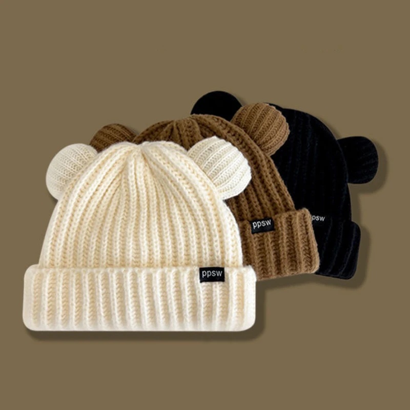 Autumn And Winter Cute Bear Ears Knitted Wool Hat Women's Fashion Hooded Thick Woolen Hat Warm Ear Protection Hat