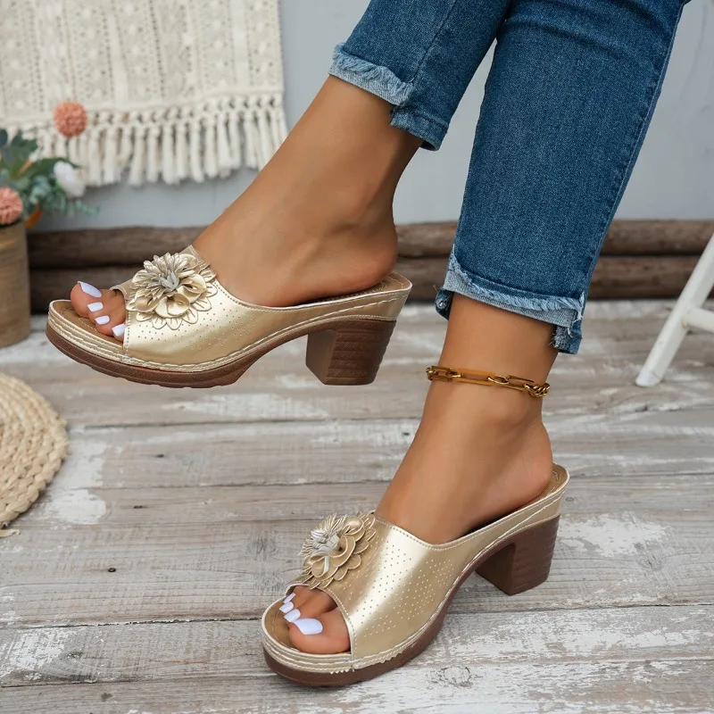 

Модные женские туфли на высоком каблуке с цветочным принтом, большие размеры, европейский и американский стиль, на толстом каблуке, для внешней торговли