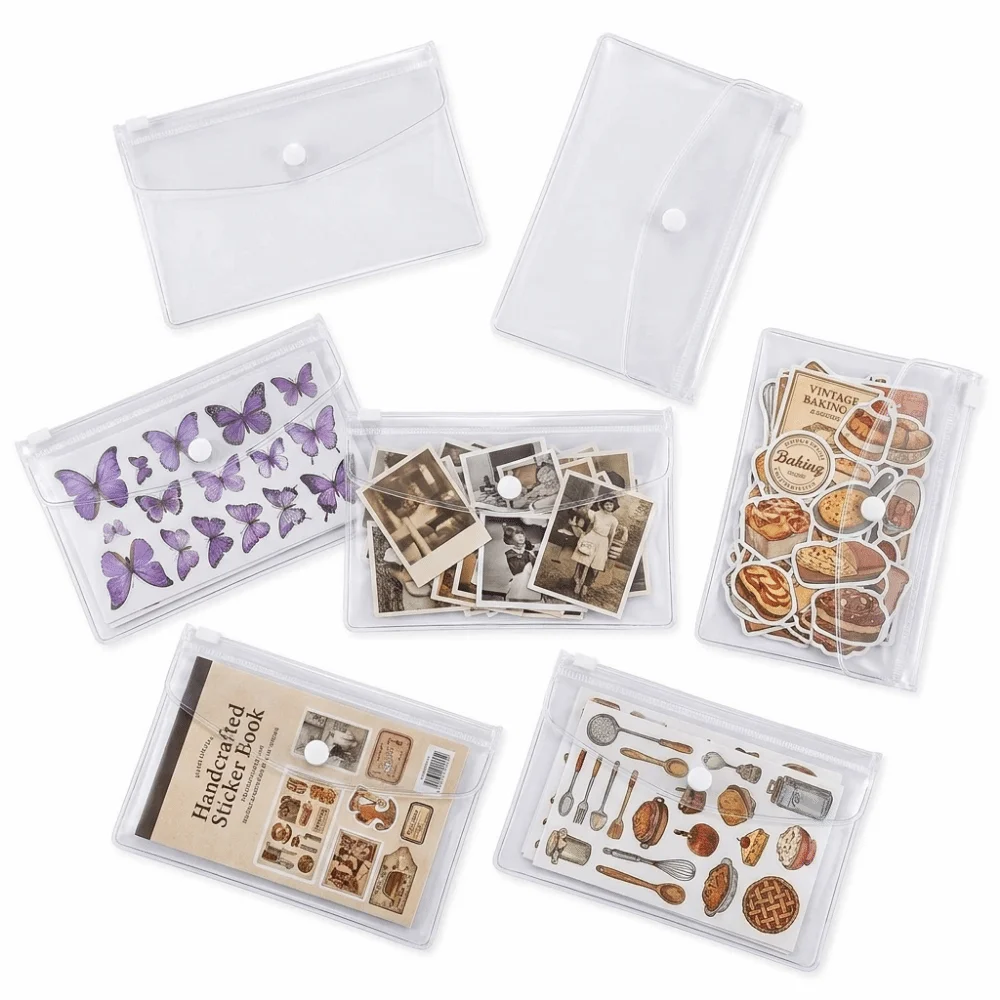 12PCS Waterproof Clear Sticker Organizer Plastic Envelopes with Snap Scrapbook Stamp Storage Bag 4 Size Die Storage Pockets