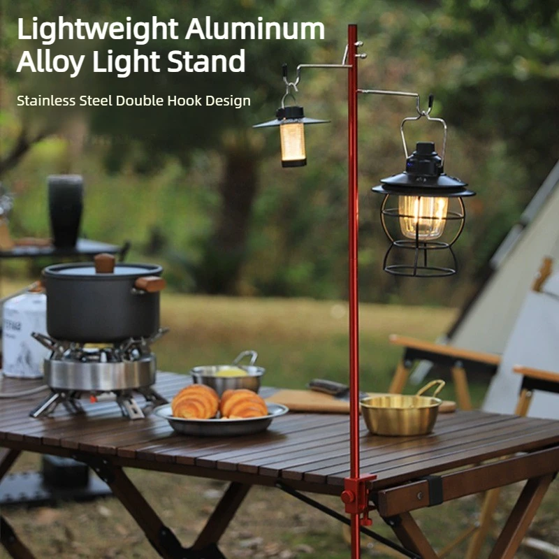 91cm Portable Outdoor Folding Lamp Stand Aluminum Alloy Camping Lantern Pole Double Hook Table Clamp Camp Lighting Hanger Holder