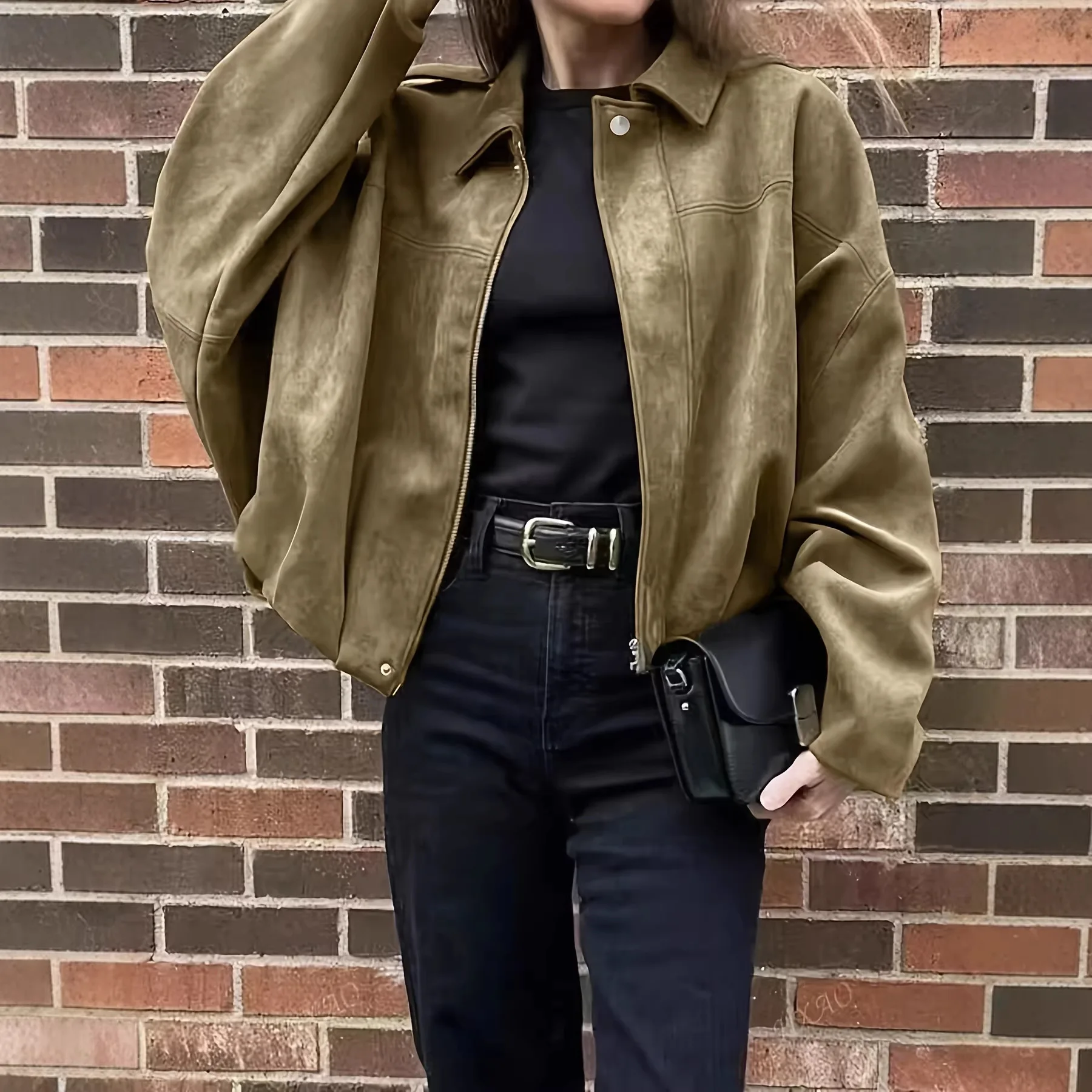 2026 Vintage Faux Suede Jacket Point Collar Zip‑Up Cropped Loose Multi‑Color Casual Cargo Women Outerwear women's suede jacket