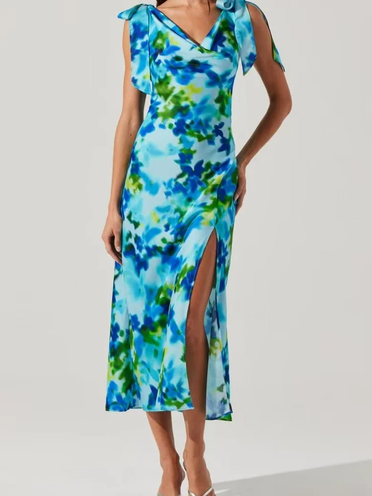 

Slimming Summer New Style Backless Design Waist Cinched Split Evening Party Open Back Dress Sexy A-Line Skirt Polyester Fabric
