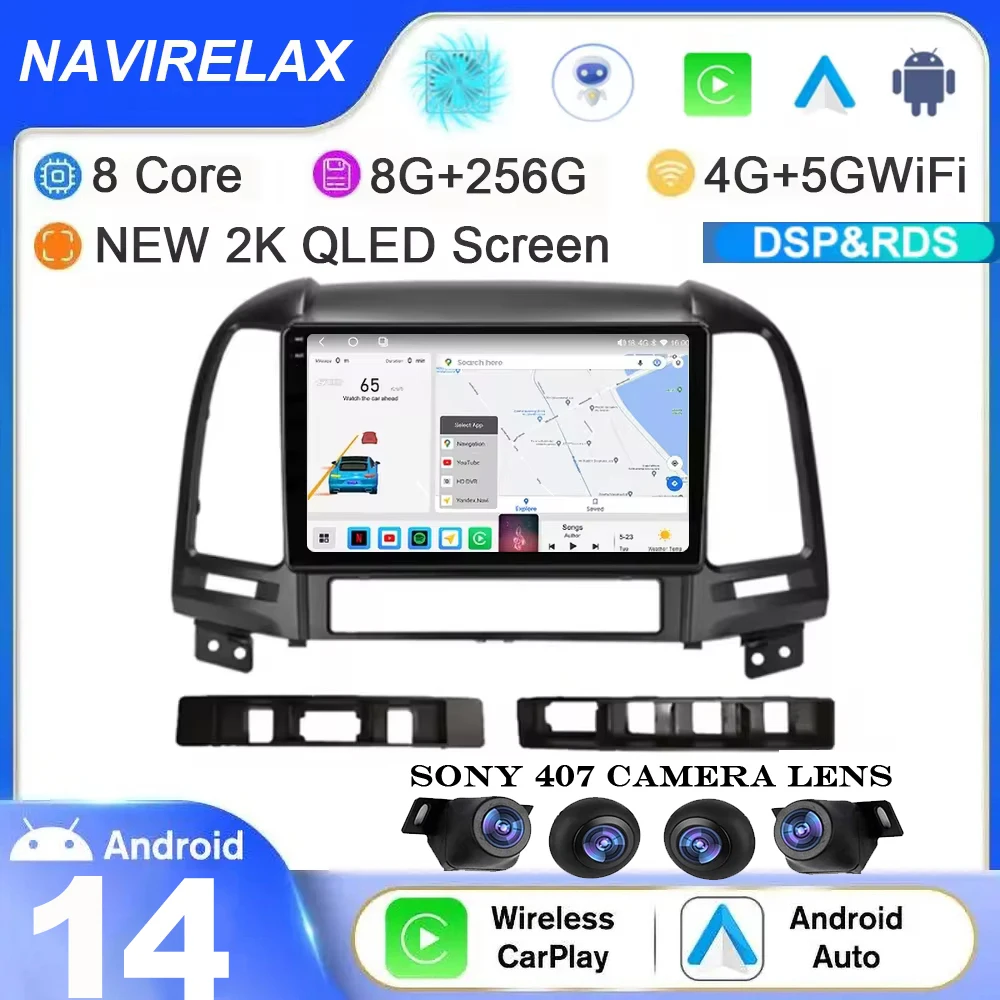 

For Hyundai Santa Fe 2 2006-2012 Android 14 Car Radio GPS Navigation 4G Multimedia Video Player Carplay Stereo Head Unit No 2Din