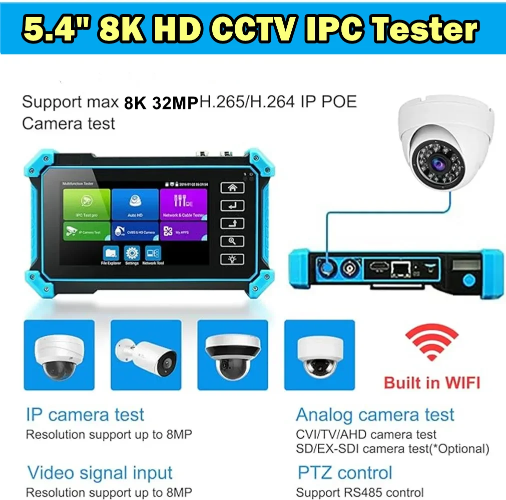 8K CCTV IPC Tester IPC-5200C Plus 8MP AHD TVI Tester With HDMI VGA RJ45 UTP Cable Testing Tool Kit Hivision Dahua Camera Tester