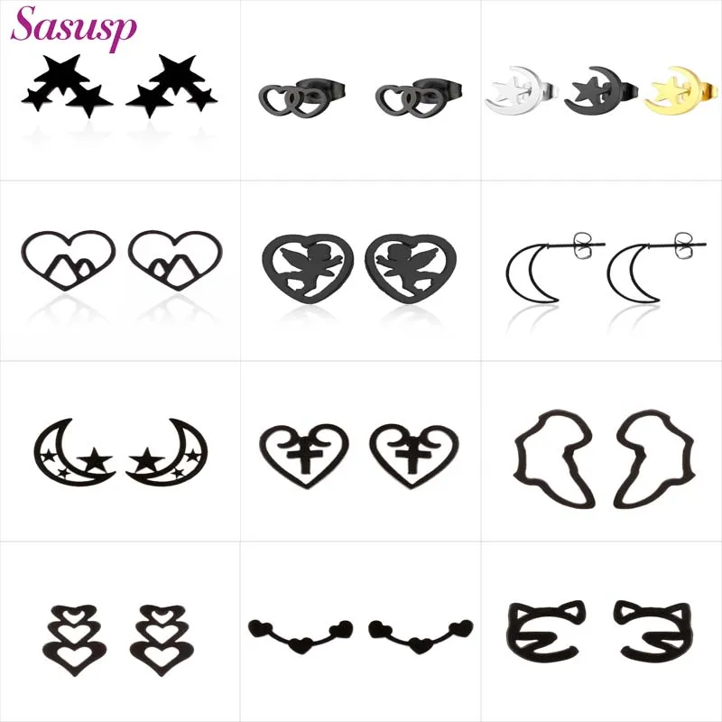 Star Moon Earrings for Women Stainless Steel Black Stud Earrings New Trendy Summer Arrival Jewelry Charm