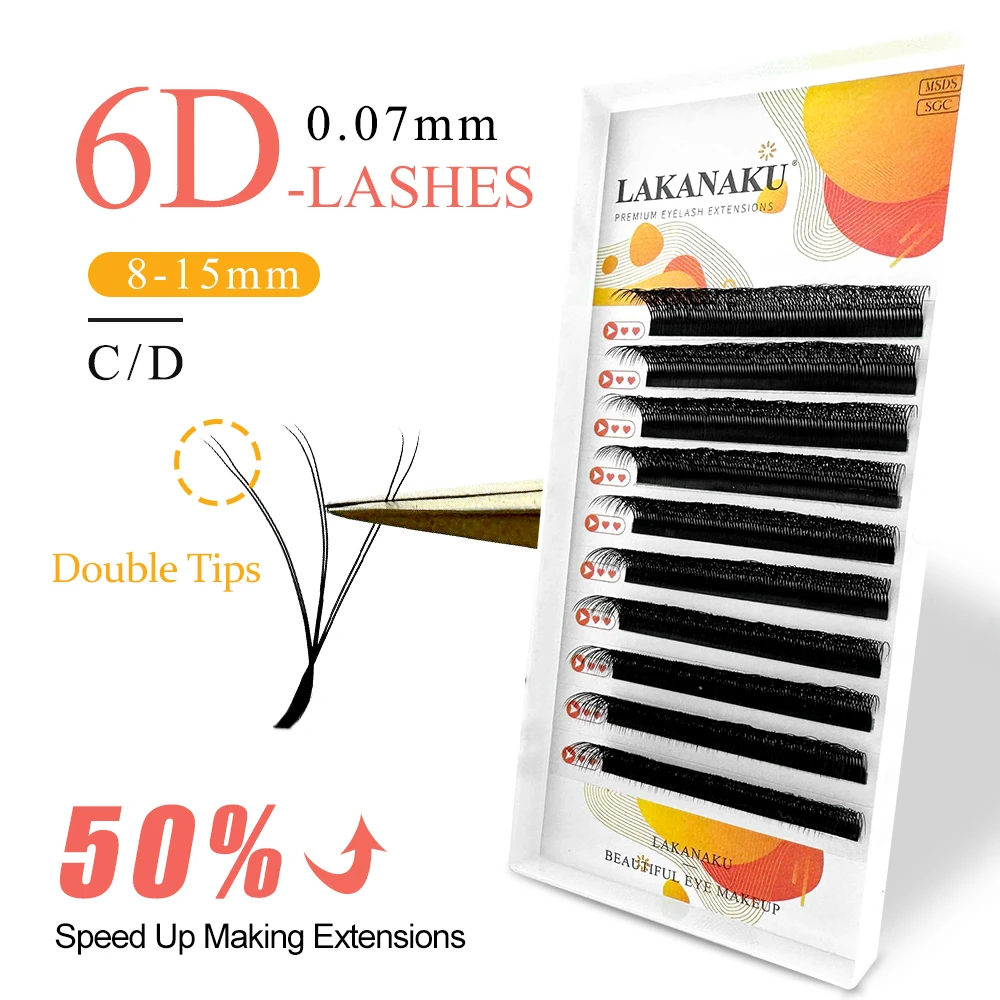 LAKANAKU 6D W Shape Eyelash Extensions C/D/DD Curl Two Tips 3D W Premade Volume Fans Soft Clover Bloom Individual Cilios