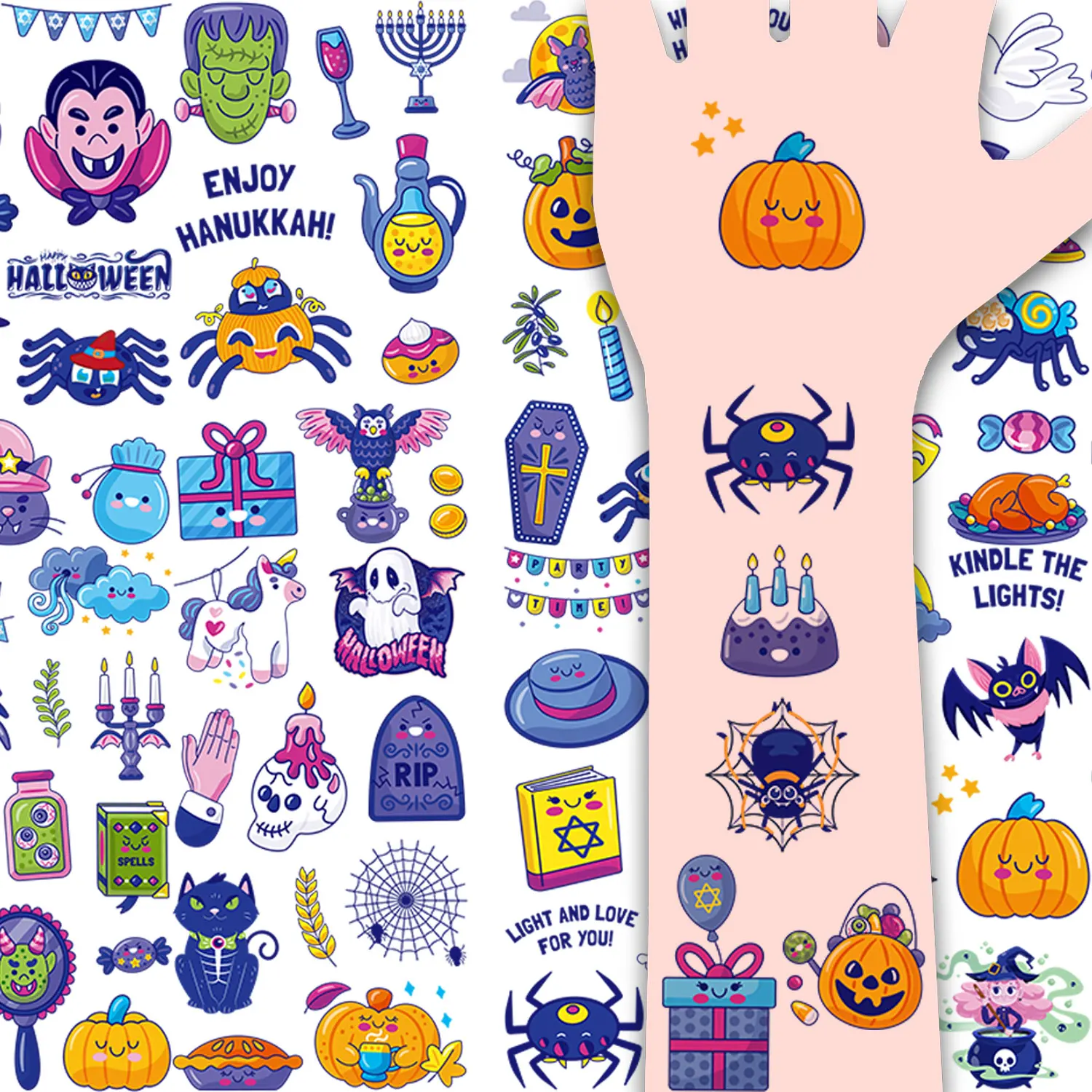 10 أوراق من ملصقات الوشم المؤقت تتميز بـ 110 تصميمًا كرتونيًا لقرع الهالوين والعناكب والخفافيش والزومبي ومصاصي الدماء