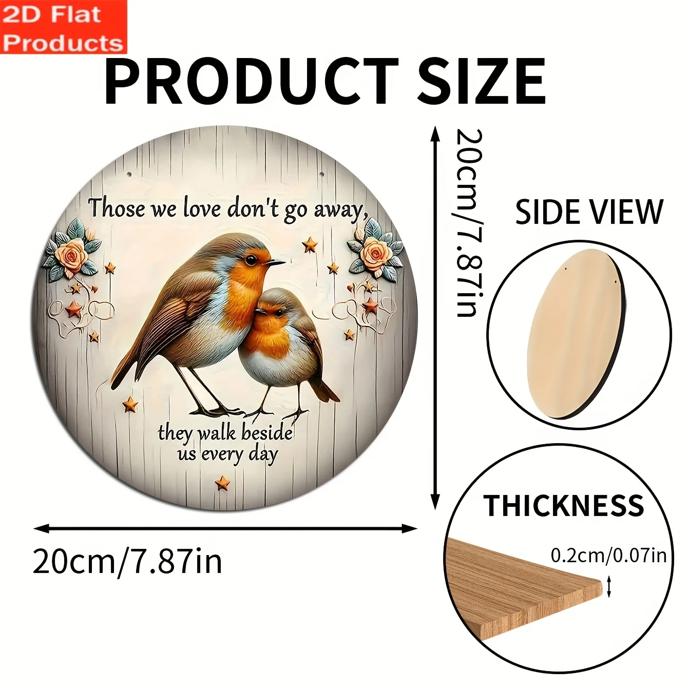 2D Flat, 1pc Vintage Wooden Memorial Plaque with Robin and Flower Design - 