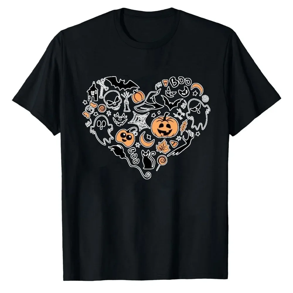 Halloween Heart Shape Doodle Collage Graphic T‑Shirt Women Pumpkin Ghost Bat Black Cat Witch Hat Print Casual Clothes