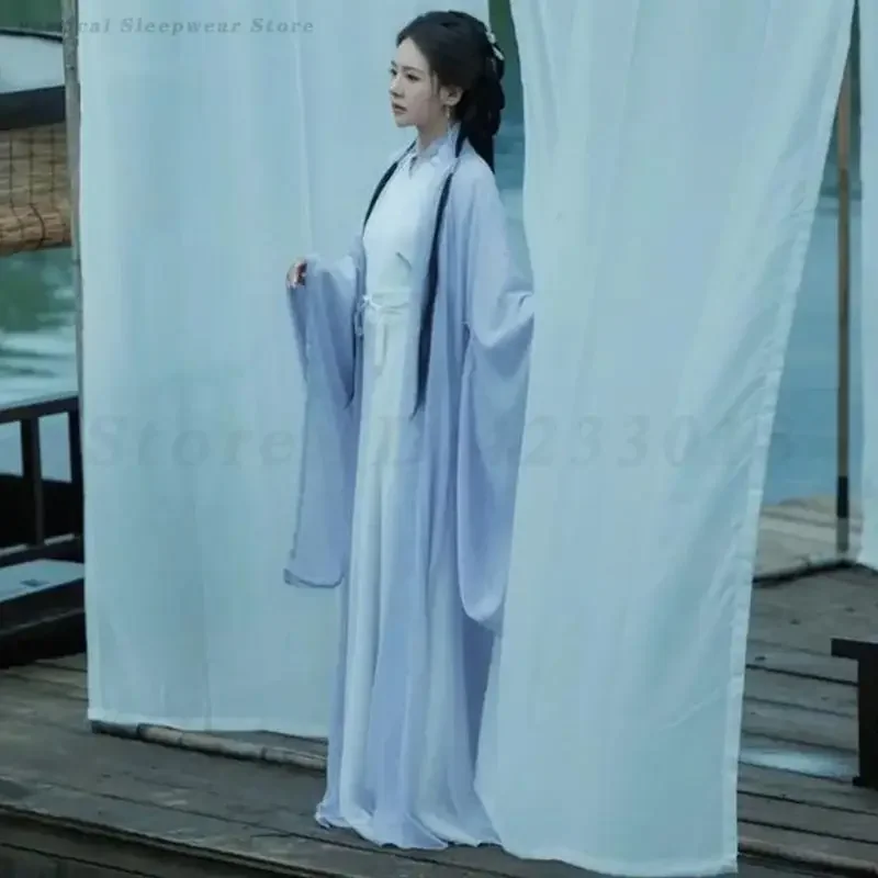 

Original Chinese Hanfu Dress Set Ancient Classic Cosplay Costume Women Weijin Dynasty Cross Collar Large Sleeve Cardigan Suits