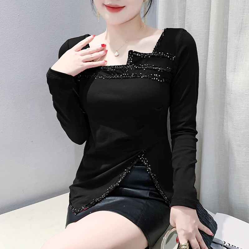 Asymmetrisches langes Sve-T-Shirt für Damen, Basisschicht, irt gefaltetes Design, Sensation, Herbst-Winter, neue Sle, koreanische Version, schmale Passform