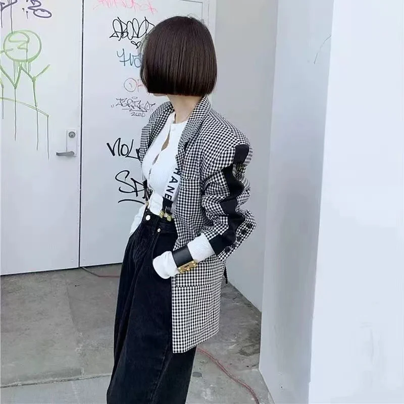 SuperAen New Arrival Official Lady Korea Splicing Blazer Design New High Quality Plaid Jacket Coat