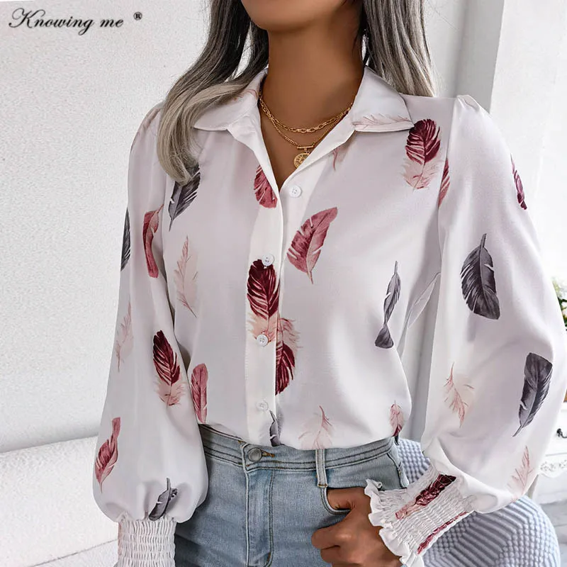 

Women Feather print blouse shirts Office Lady Purff Long sleeve single buttons shirt Female Spring Trun down collar blusa top