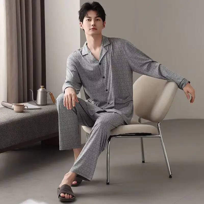 

Высококачественные мужские пижамы на осень и зиму 2025 года, повседневный свободный пуловер с длинными рукавами, качественные пижамы и домашняя одежда