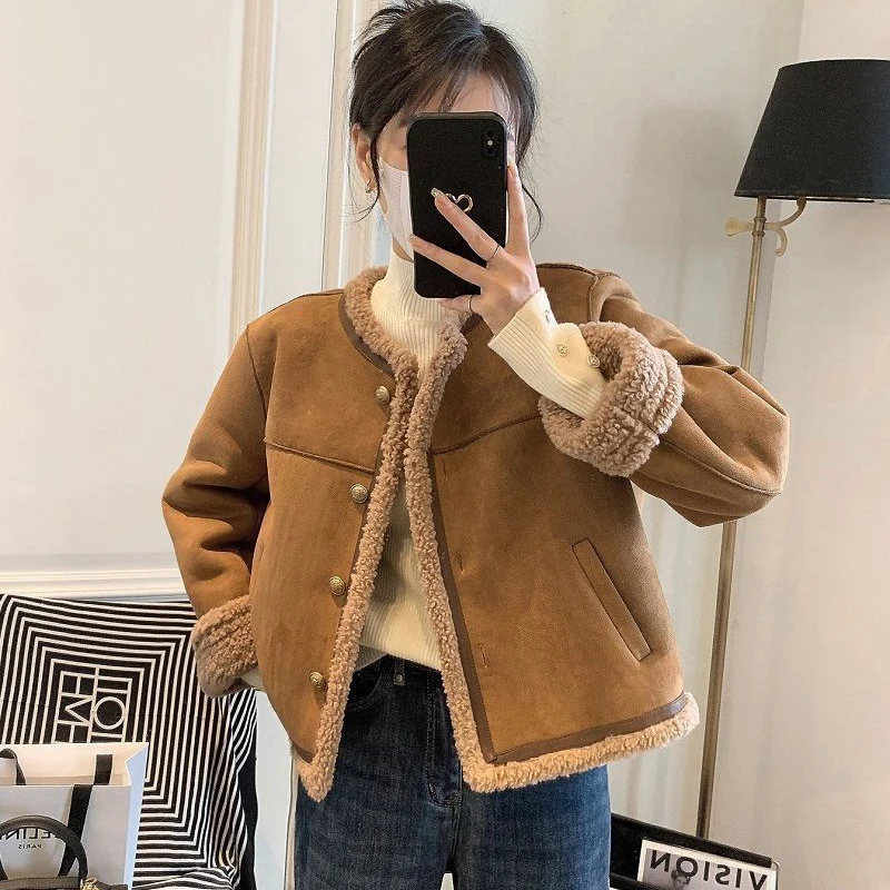 2023 Winter Lambswool Bomber Jacket For Women Suede Fabric BF Wind Fur One Coat with Zipper Thick Warm Cropped Biker Jackets