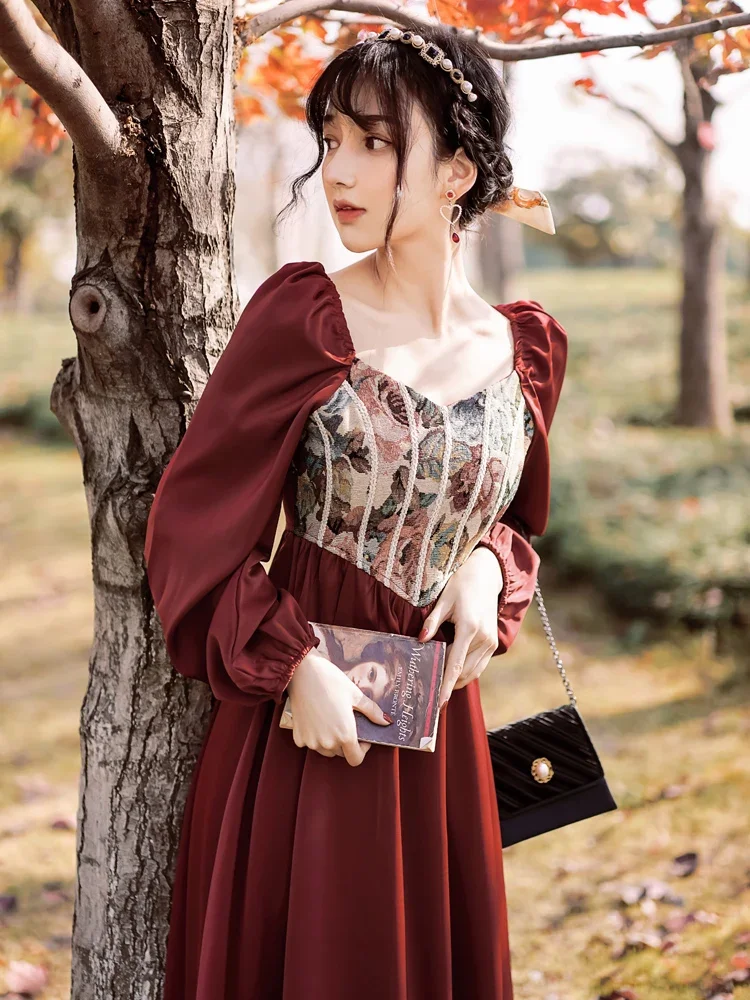 Spring Autumn Women Dress Vintage Party Dress Patchwork Long Red Dresses French Style Retro Female Bing 2022 HOT