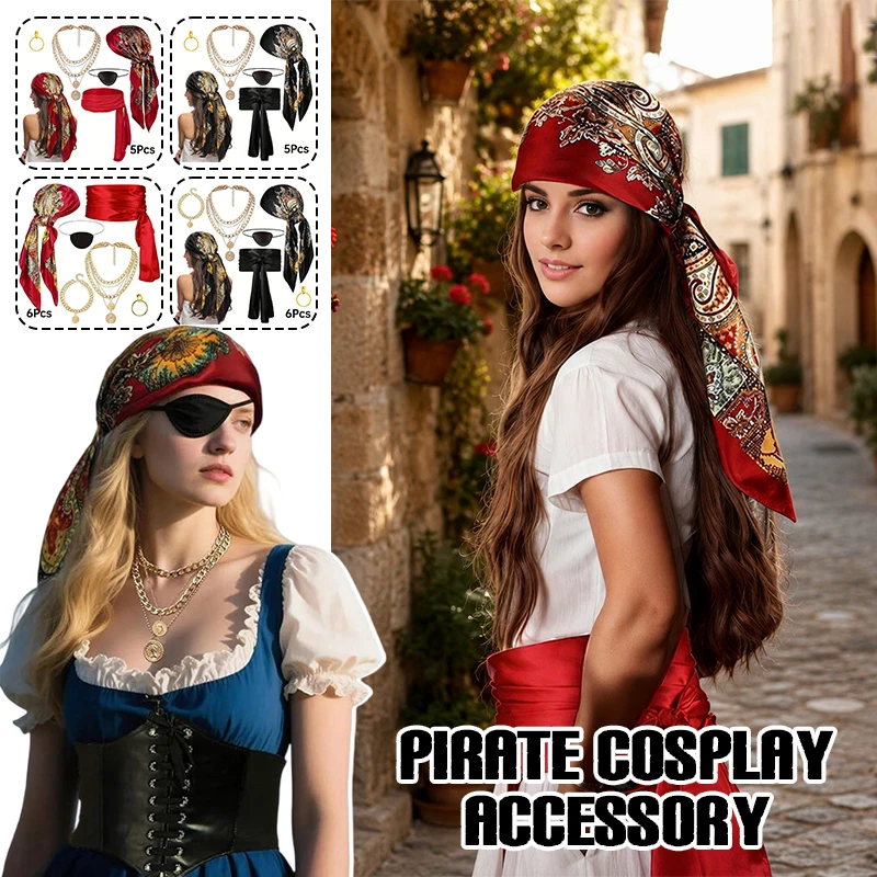 Women Pirate Costume Party Dress Up Pirate Head Scarf Bandana Belt Necklace Halloween Cosplay Stage Performance Accessories