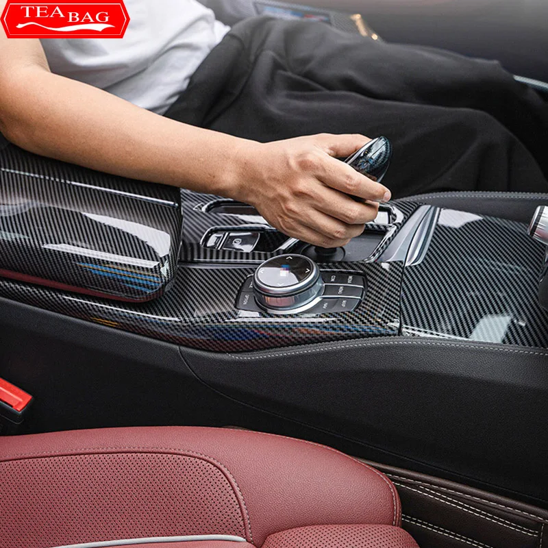 For LHD Carbon Fiber Pattern Car Stickers Gear Shift Panel Cover Interior Trim For BMW Series 5 G30 G31 Modification Accessories