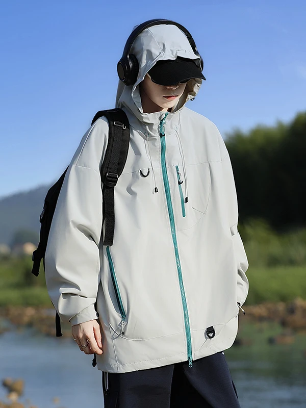 ユニセックスアウトドアフード付きジャケット2025新スタイル三防ルーズフィットプルオーバーコートユースポリエステル繊維防風長袖ジッパー開閉