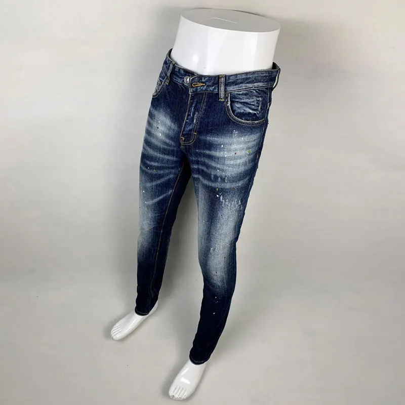 Fashion Streetwear Men Jeans High Quality Retro Blue Stretch Slim Fit Ripped Jeans Men Painted Designer Vintage Brand Pants