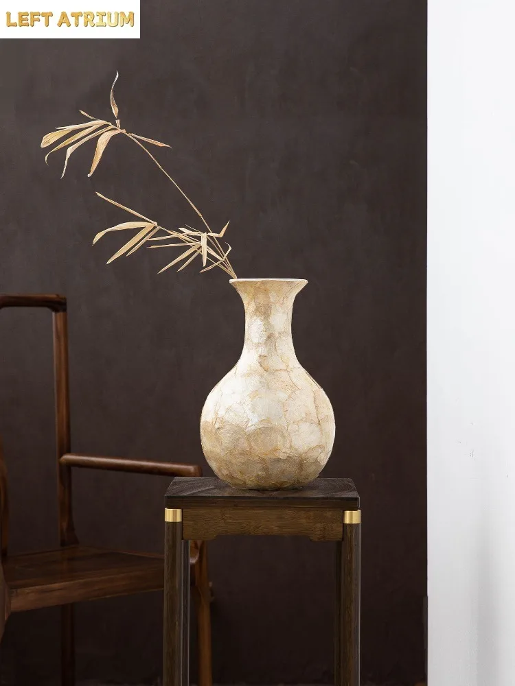 Retro Golden Goblet Shell Vase, Handmade Mother of Pearl Inlay Flower Vase, Watertight Art Centerpiece for Table Desk Home Decor