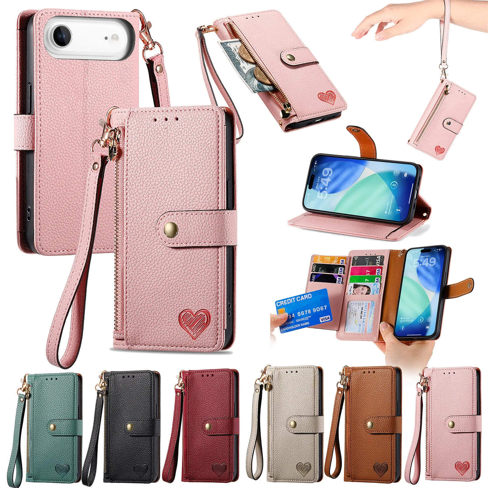 

Wallet Case For iPhone Air 12 13 14 15 16 17 Pro Max, Card bag Headphone Bag, Zipper Coin Purse PU Leather Full Cover with Strap