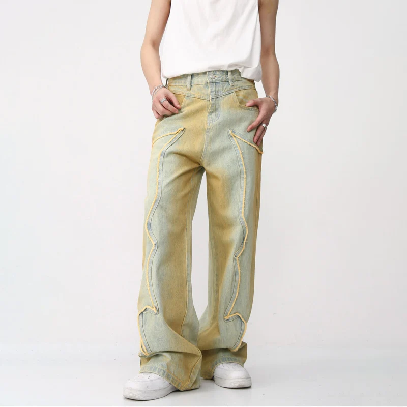 

High Street Vintage Style Loose Fashion Denim Straight Jean Fashionable 2024 Spring Autumn Yellow Male Wide Leg Pants Tide