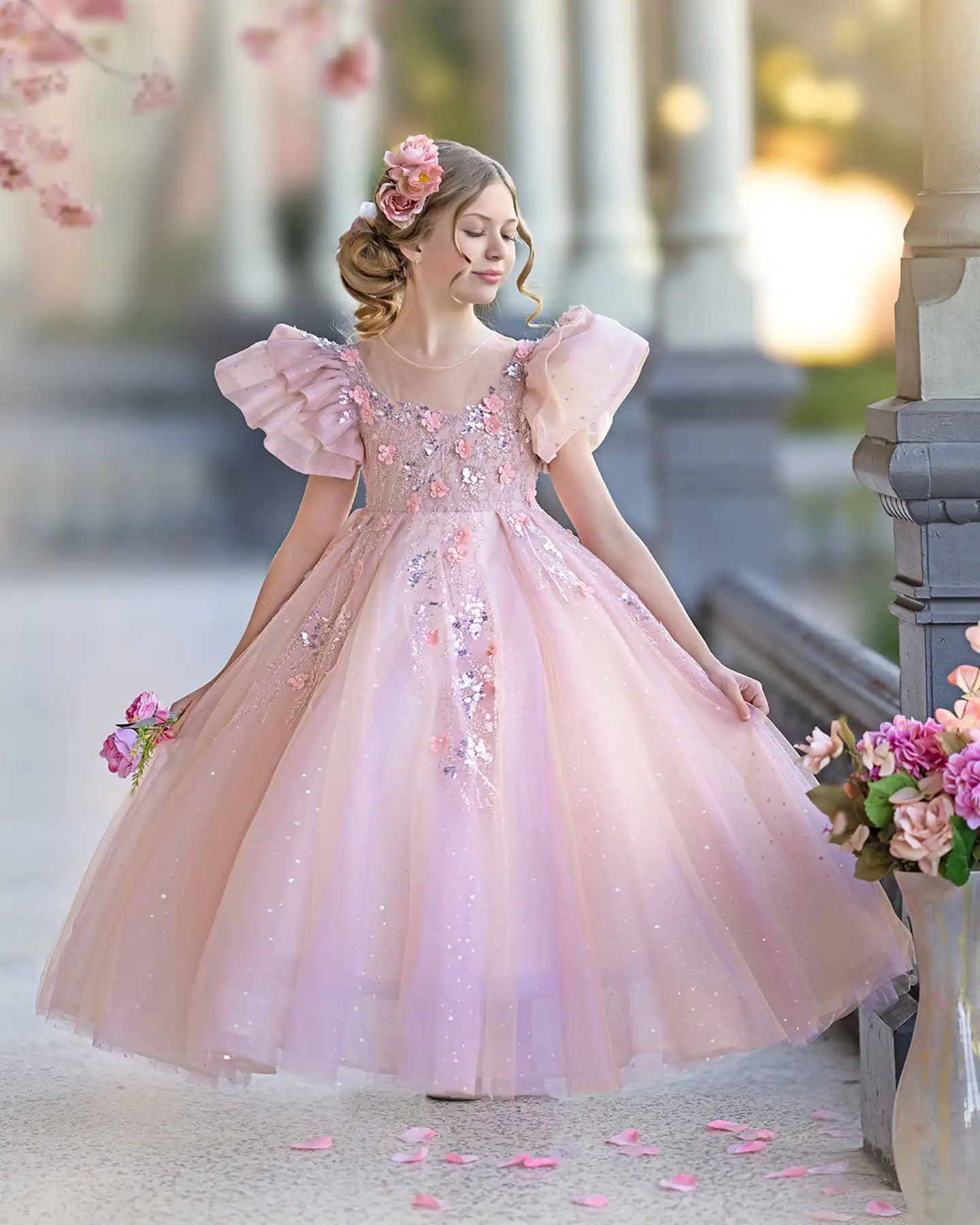 

Luxury Pink Dubai Girl Dress 3D Flowers Pearls Arabic Princess Kids Wedding Birthday Party Long Ball Gown 2026 vestidos de niñas