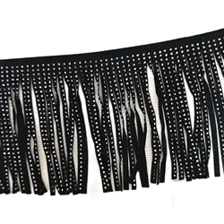 13cm Wide Hot-Fixed Rhinestone Suede Fringe, Black Suede Tassle Fringe, Bag Shoes Clothes Suede Fringe, by 1 meter