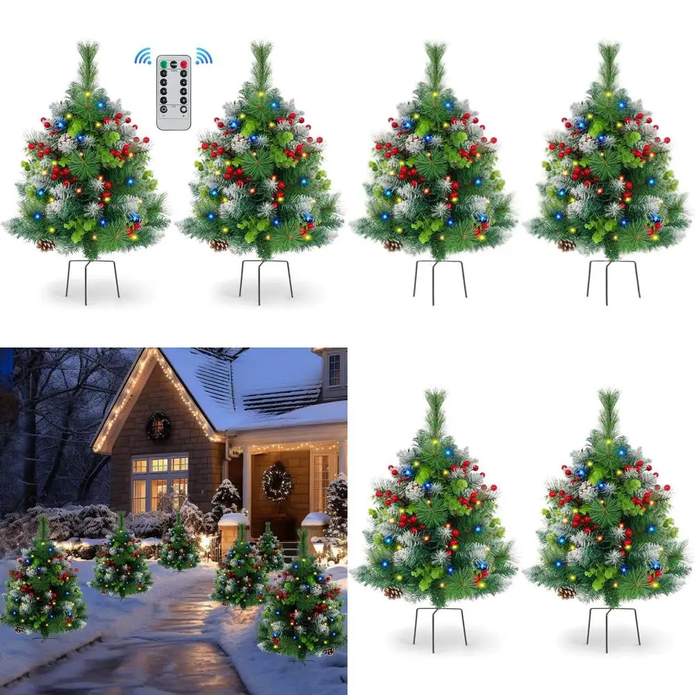 

30 Pre-Lit Christmas Tree & Remote-Controlled Planter Bushes - Outdoor Holiday Decor Set for Yard & Garden