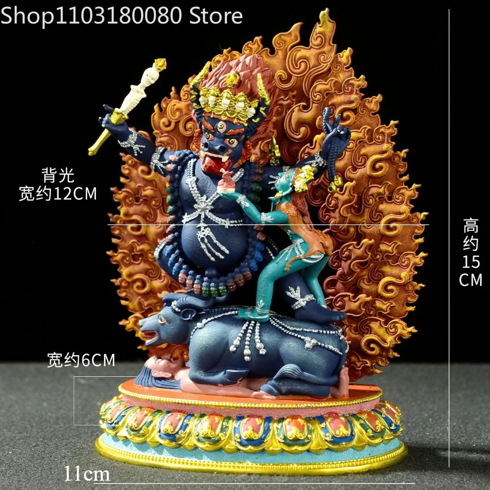 15cm Painted Brass Demchen Chogyal Statue Tibetan Yama Dharmaraja Wrathful Protector Sculpture Altar Decor