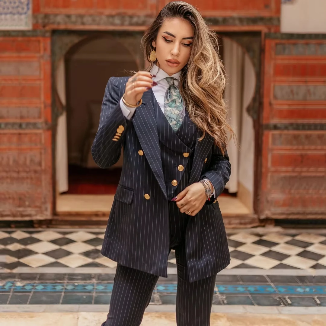 Women Suit 3 Pieces Navy Blue Striped Double Button For Wedding Party Business Work Daily Commute Shopping Blazer Vest Pant