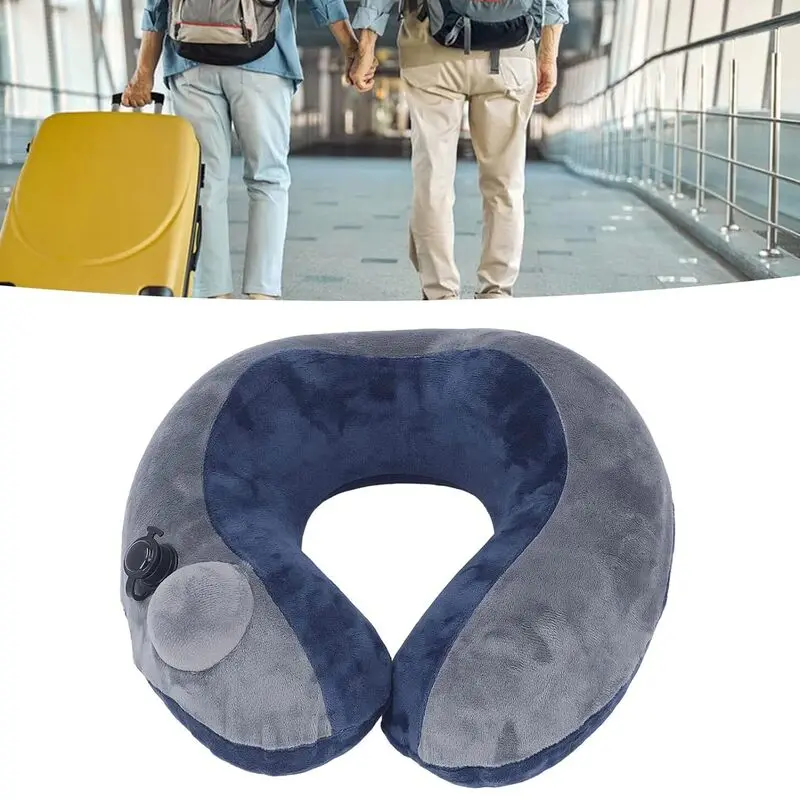 Self Inflatable Travel Pillow U Shaped Portable Neck Chain Support for Sleeping Napping Dark Blue with Gray for Traveling