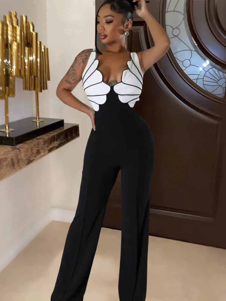 

Beyprern Beautiful Shell Details Jumpsuit Women Sleveeless Details Palazzo Jumpsuit Wide Leg Pants Set Overalls Sexy Clubwear