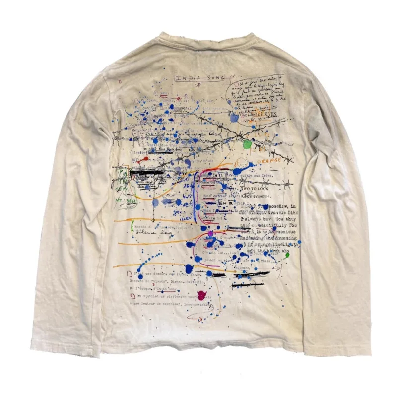 HKSH Vintage Washed Long Sleeves T-Shirt 2025 Summer Graffiti Printed Tops Destroyed Dirty Hip Hop Streetwear Cotton Tees HK5295