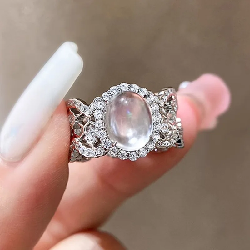 Natural Water Foam Jade Ring for Women 925 Silver Egg Face High Ice Glass Seed Jade Stone 8 * 10 Dove Egg Sparrow Diamond