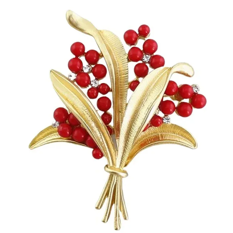 Retro Red Plant Brooch, Female Coral Red Pearl Brooch, Decorative Pin