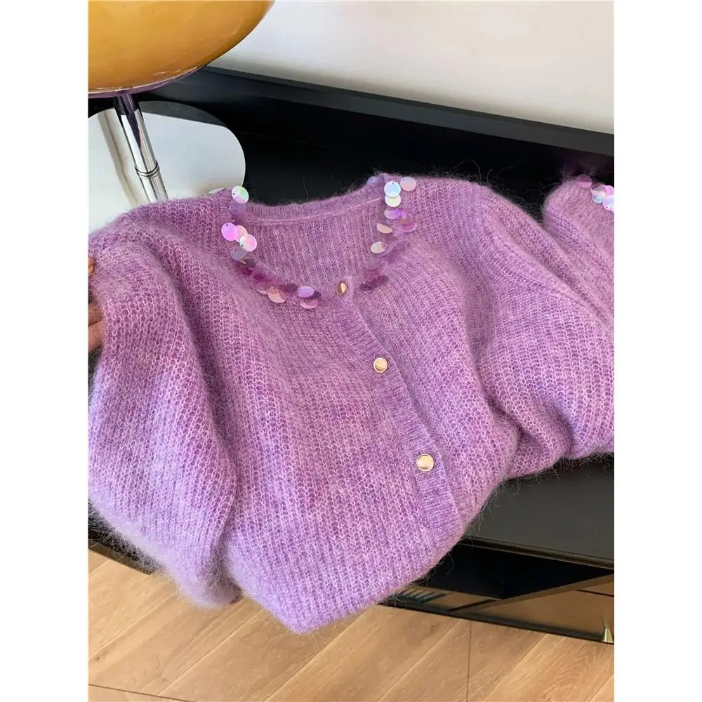 لينة الأرجواني الترتر سترة مفتوحة المرأة محبوك سترة الثقيلة التطريز لطيف Sle الخريف الشتاء جديد وصول ألياف البوليستر #2